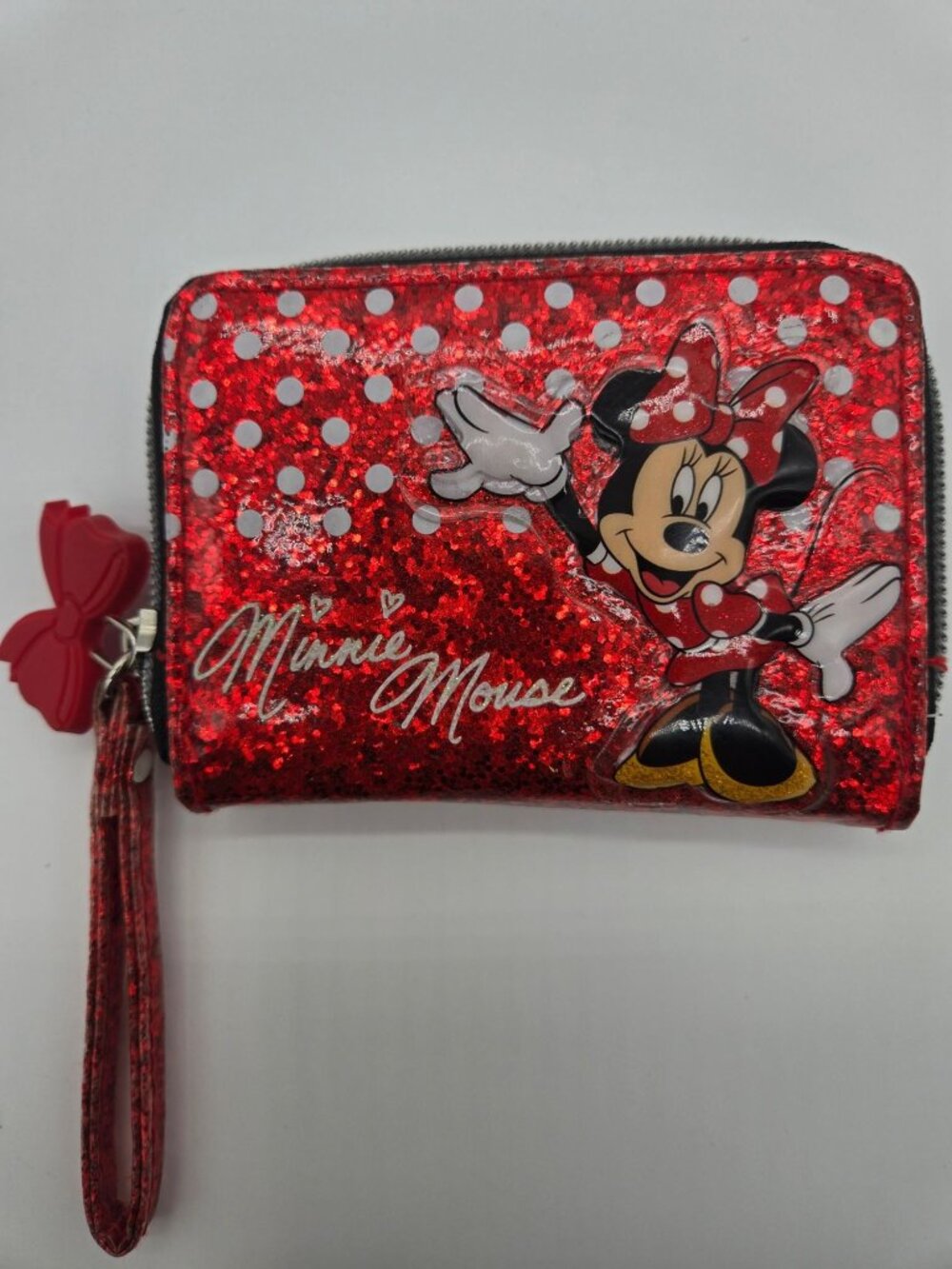 Disney Parks Minnie Mouse Red White Polka Dot Glitter Wristlet Zip Wallet
